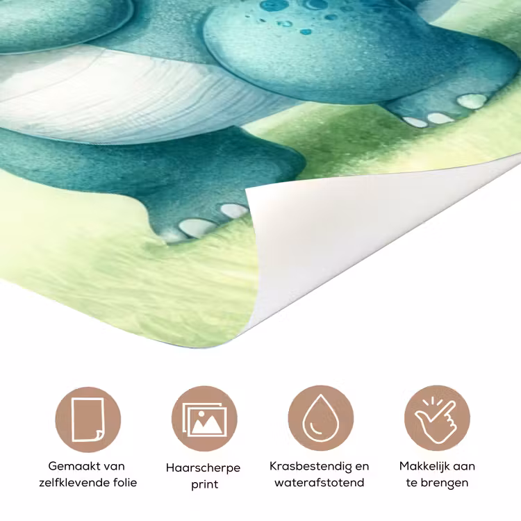 Schattige dinosaurus onder een regenboog met de tekst “Deze kamer is van: jouw naam”. deurposter klein -closeup_NL