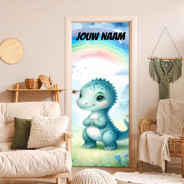 Schattige dinosaurus onder een regenboog met de tekst “Deze kamer is van: jouw naam”. deurposter klein -sfeer2
