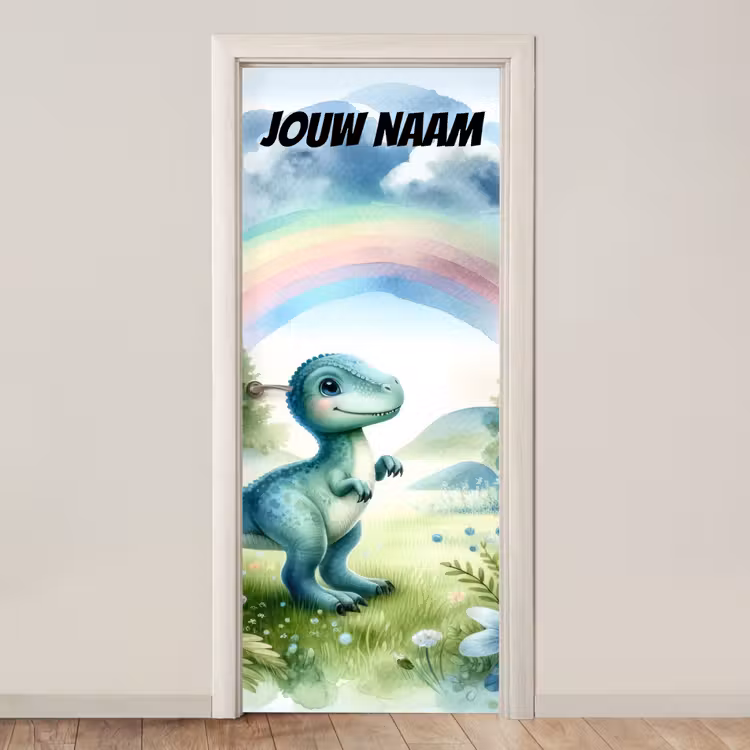 Schattige dinosaurus in een veld met regenboog en de tekst “Deze kamer is van: jouw naam”. deurposter klein -3d_beige