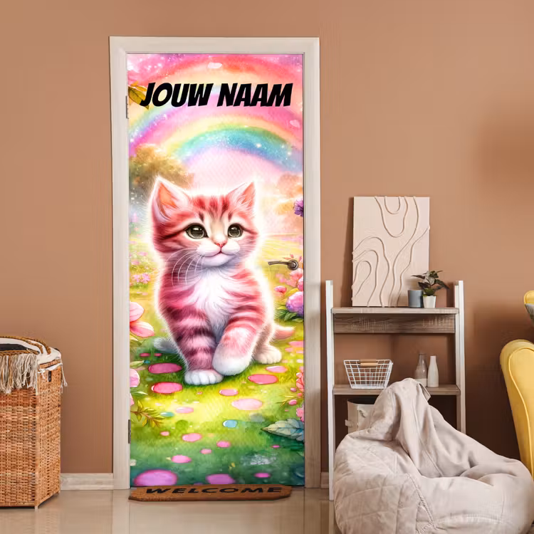 Schattige kitten in roze tinten met regenboog en de tekst “Deze kamer is van: jouw naam”. deurposter klein -sfeer1