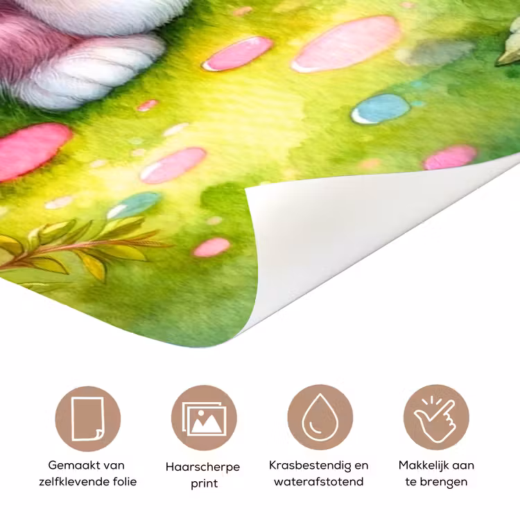 Schattige kitten in roze tinten met regenboog en de tekst “Deze kamer is van: jouw naam”. deurposter klein -closeup_NL