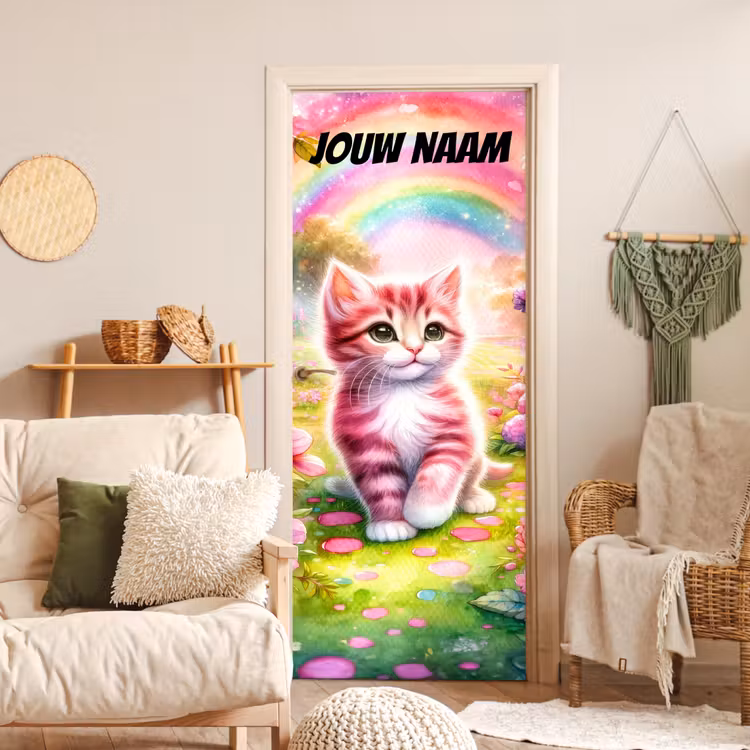 Schattige kitten in roze tinten met regenboog en de tekst “Deze kamer is van: jouw naam”. deurposter klein -sfeer2