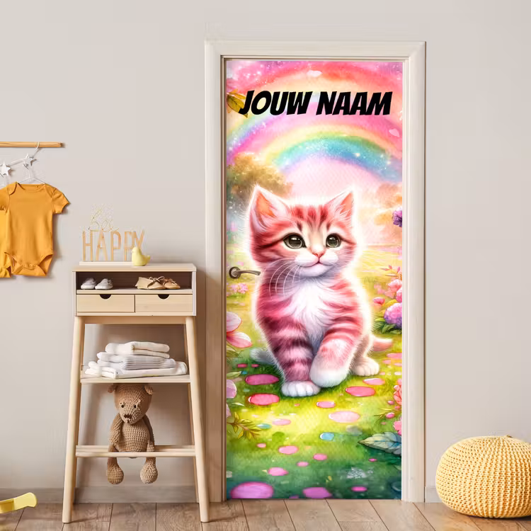 Schattige kitten in roze tinten met regenboog en de tekst “Deze kamer is van: jouw naam”. deurposter klein -sfeer4