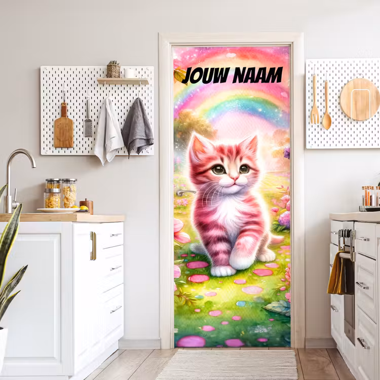 Schattige kitten in roze tinten met regenboog en de tekst “Deze kamer is van: jouw naam”. deurposter klein -sfeer5