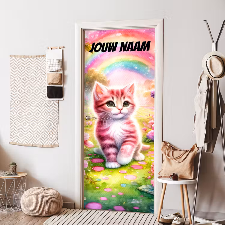 Schattige kitten in roze tinten met regenboog en de tekst “Deze kamer is van: jouw naam”. deurposter klein -sfeer6