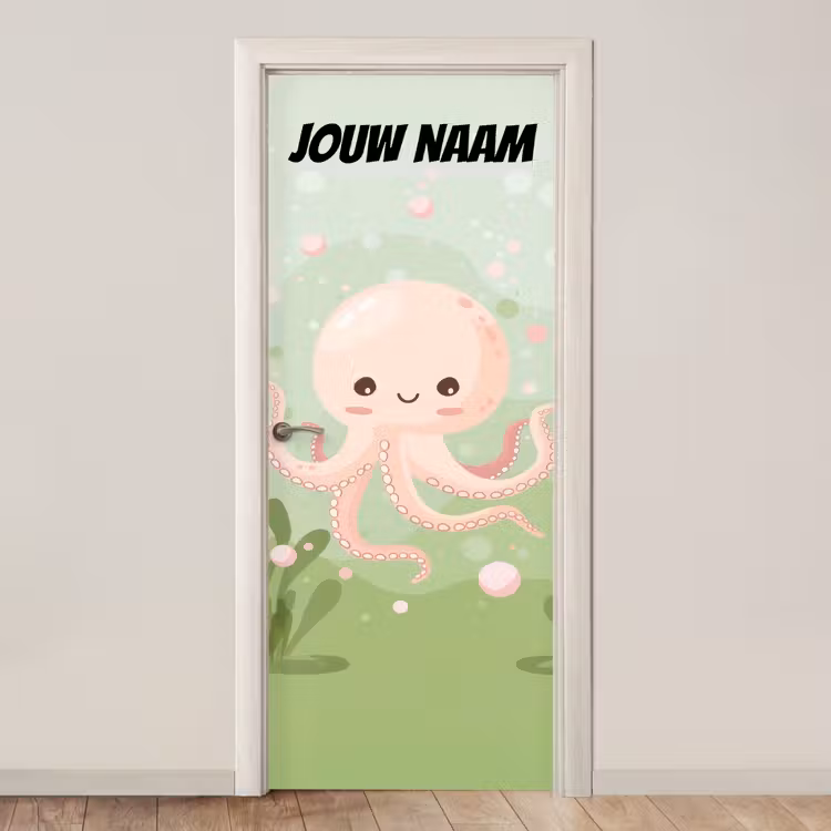 Schattige octopus in zachte pastelkleuren met de tekst “Deze kamer is van: jouw naam”. deurposter klein -3d_beige
