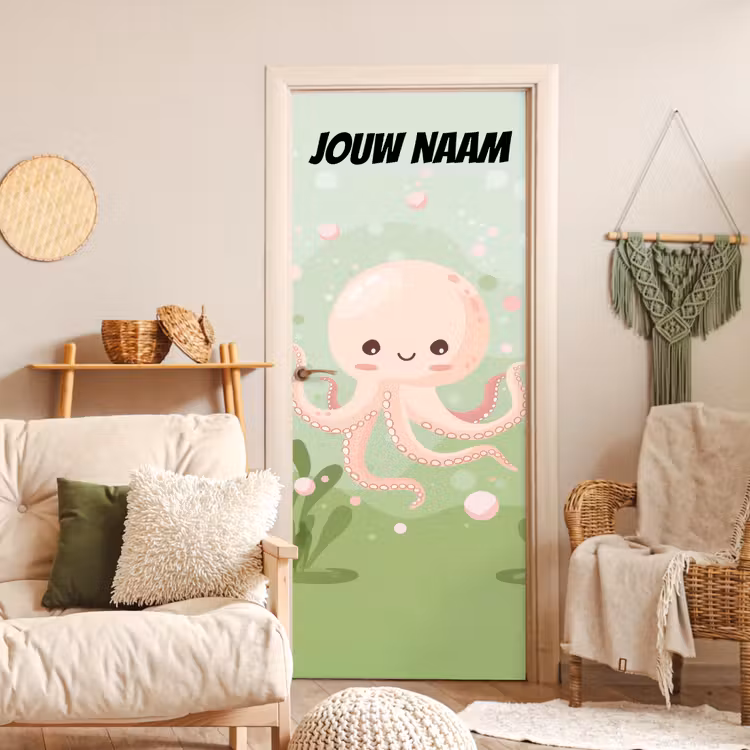 Schattige octopus in zachte pastelkleuren met de tekst “Deze kamer is van: jouw naam”. deurposter klein -sfeer2