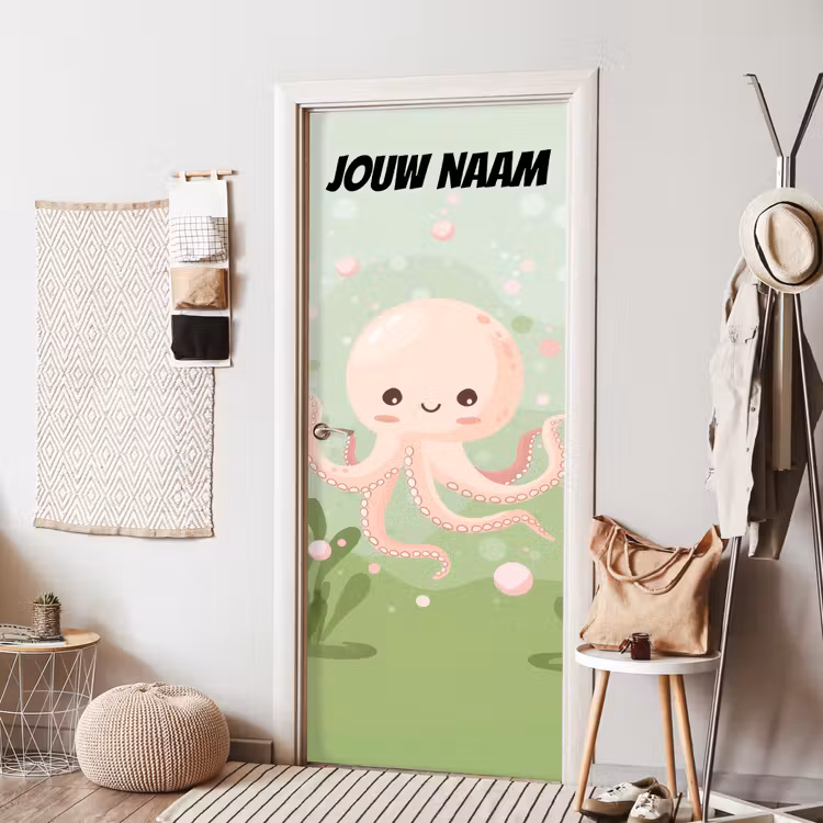 Schattige octopus in zachte pastelkleuren met de tekst “Deze kamer is van: jouw naam”. deurposter klein -sfeer6