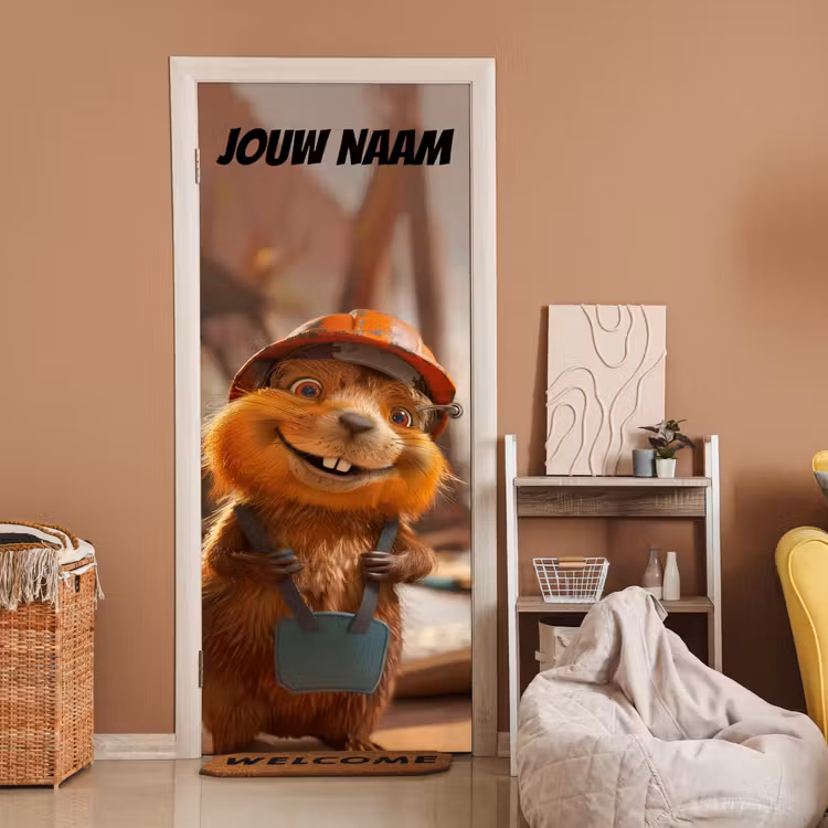 Schattig dier met bouwhelm en tas en de tekst “Deze kamer is van: jouw naam”. deurposter klein -sfeer1