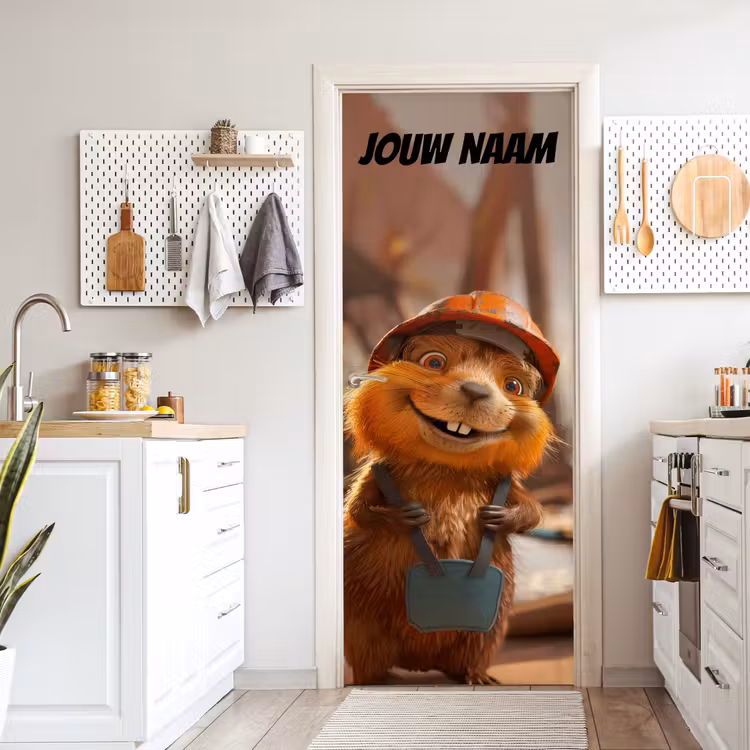 Schattig dier met bouwhelm en tas en de tekst “Deze kamer is van: jouw naam”. deurposter klein -sfeer5
