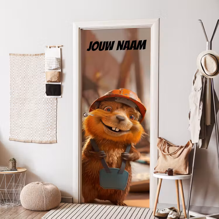Schattig dier met bouwhelm en tas en de tekst “Deze kamer is van: jouw naam”. deurposter klein -sfeer6