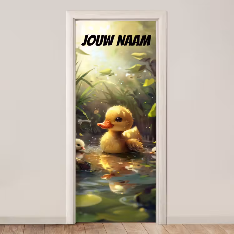 Schattig eendje in water met de tekst “Deze kamer is van: jouw naam”. deurposter klein -3d_beige