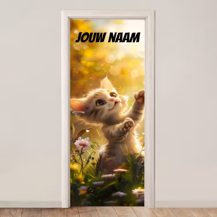 Schattig kitten in bloemenveld met de tekst “Deze kamer is van: jouw naam”. deurposter klein -3d_beige
