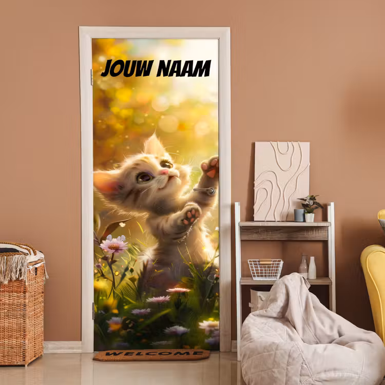 Schattig kitten in bloemenveld met de tekst “Deze kamer is van: jouw naam”. deurposter klein -sfeer1