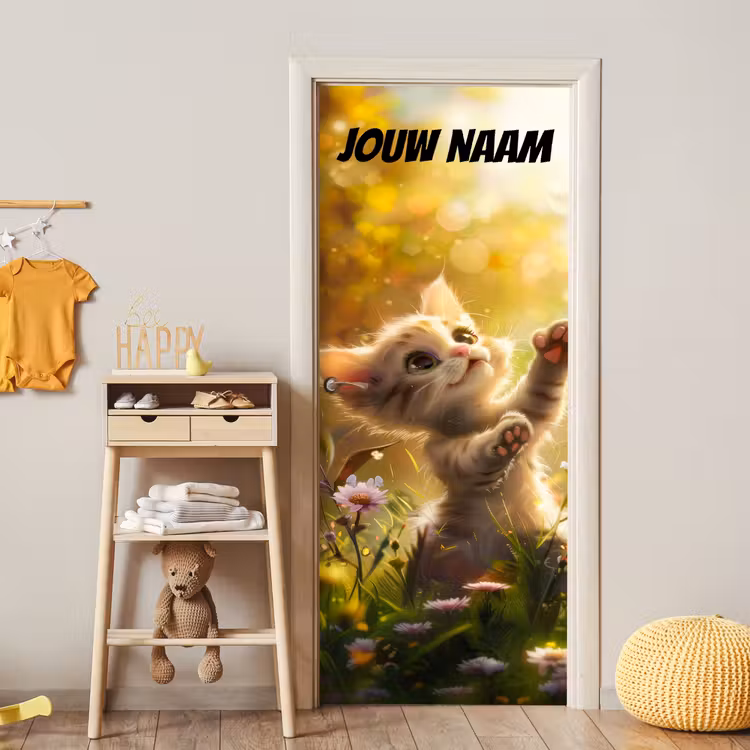 Schattig kitten in bloemenveld met de tekst “Deze kamer is van: jouw naam”. deurposter klein -sfeer4