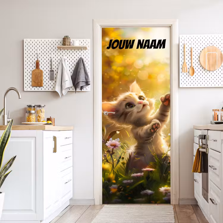 Schattig kitten in bloemenveld met de tekst “Deze kamer is van: jouw naam”. deurposter klein -sfeer5