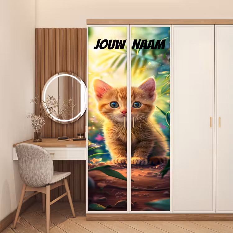 Schattig kitten in de natuur met de tekst “Deze kamer is van: jouw naam”. deurposter klein -sfeer3