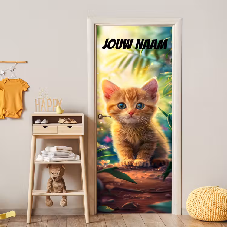 Schattig kitten in de natuur met de tekst “Deze kamer is van: jouw naam”. deurposter klein -sfeer4