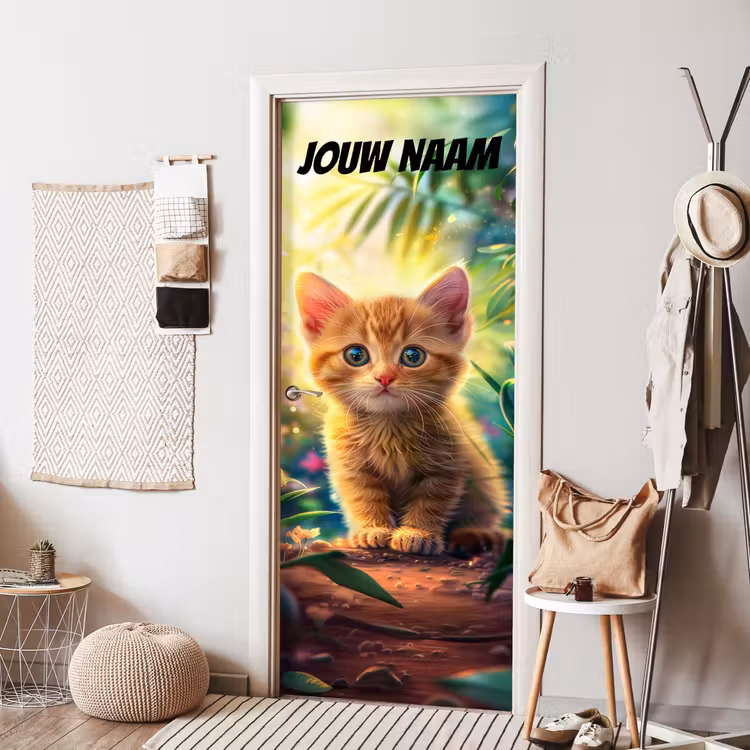 Schattig kitten in de natuur met de tekst “Deze kamer is van: jouw naam”. deurposter klein -sfeer6