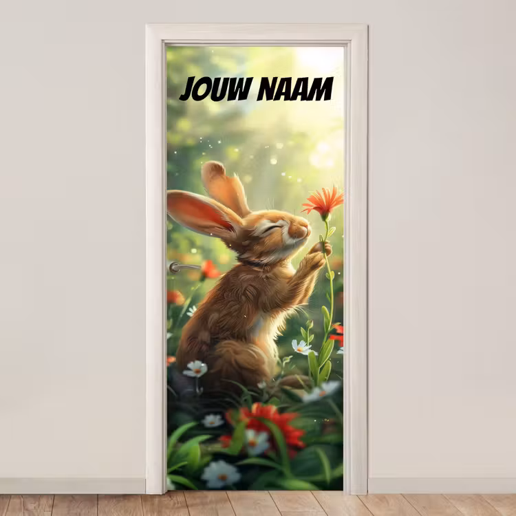 Schattig konijntje met bloem en de tekst “Deze kamer is van: jouw naam”. deurposter klein -3d_beige