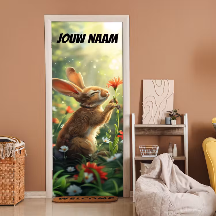 Schattig konijntje met bloem en de tekst “Deze kamer is van: jouw naam”. deurposter klein -sfeer1