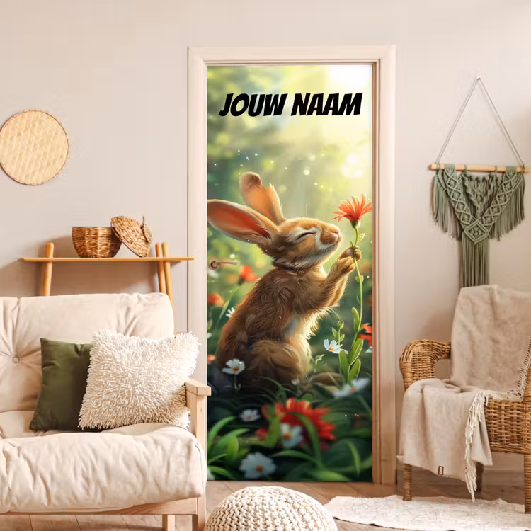 Schattig konijntje met bloem en de tekst “Deze kamer is van: jouw naam”. deurposter klein -sfeer2