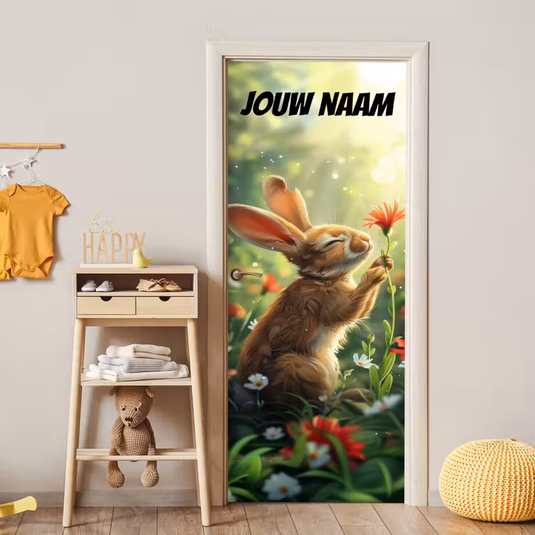 Schattig konijntje met bloem en de tekst “Deze kamer is van: jouw naam”. deurposter klein -sfeer4