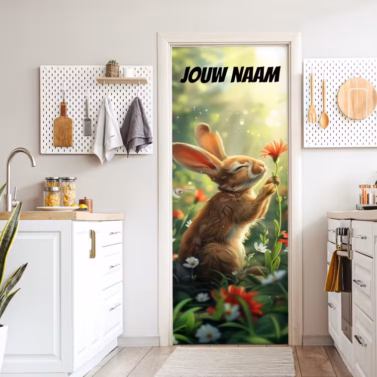 Schattig konijntje met bloem en de tekst “Deze kamer is van: jouw naam”. deurposter klein -sfeer5