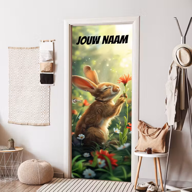 Schattig konijntje met bloem en de tekst “Deze kamer is van: jouw naam”. deurposter klein -sfeer6