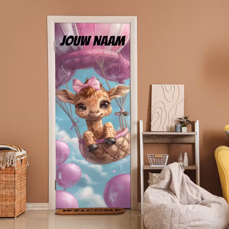 Schattige giraffe in luchtballon met de tekst “Deze kamer is van: jouw naam”. deurposter klein -sfeer1