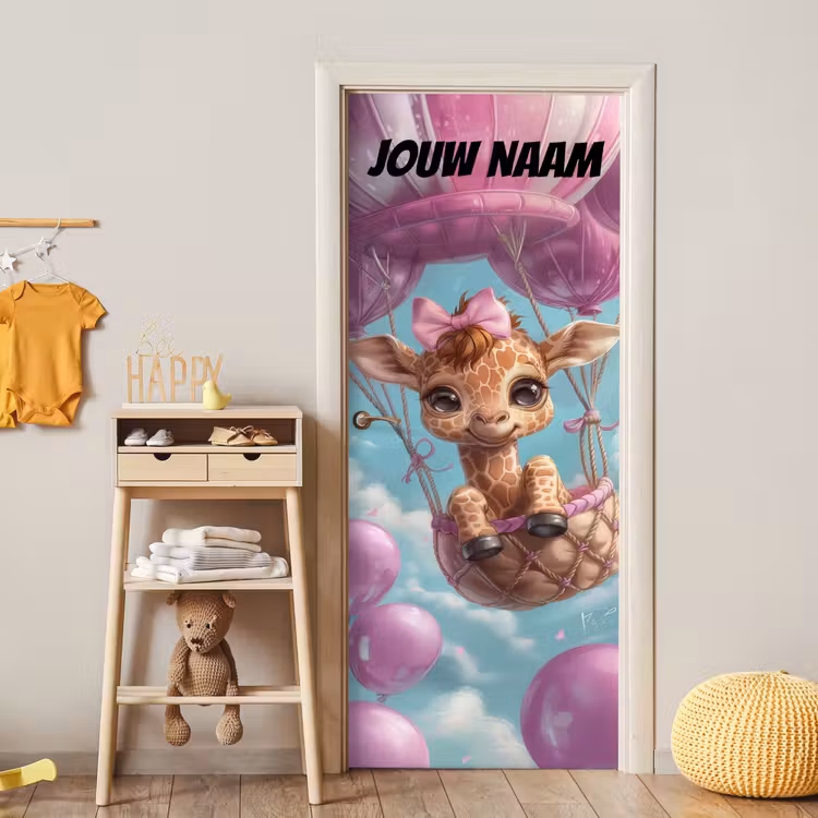 Schattige giraffe in luchtballon met de tekst “Deze kamer is van: jouw naam”. deurposter klein -sfeer4