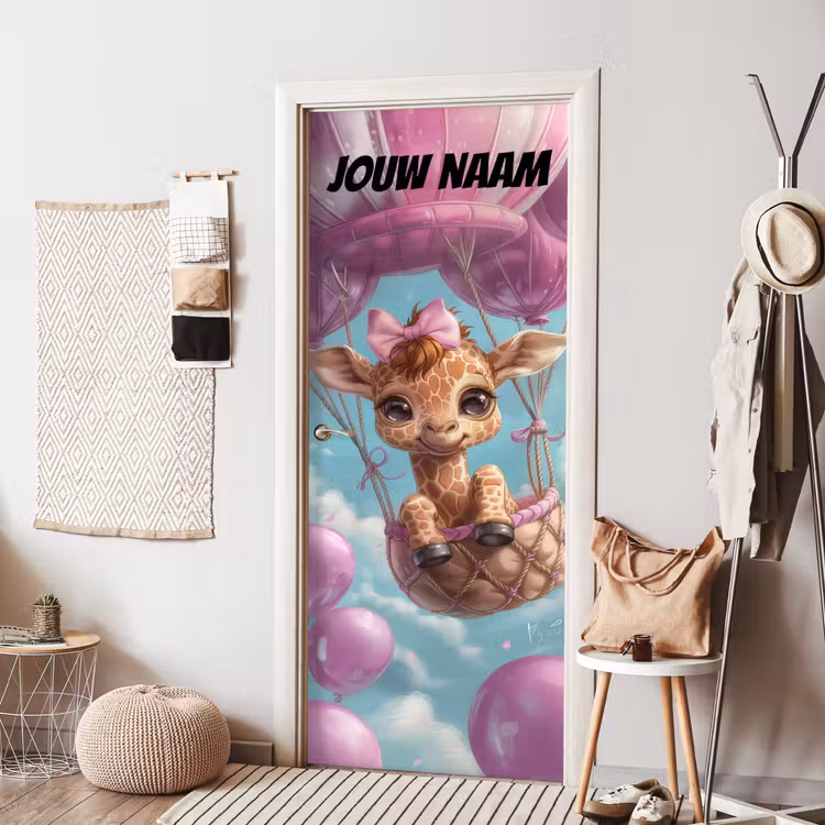 Schattige giraffe in luchtballon met de tekst “Deze kamer is van: jouw naam”. deurposter klein -sfeer6