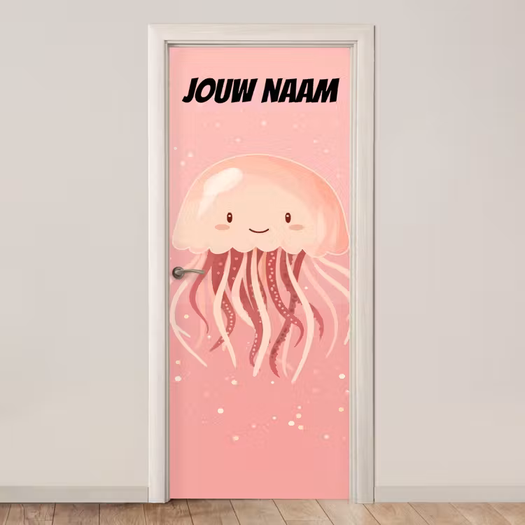 Schattige kwal in roze tinten met de tekst “Deze kamer is van: jouw naam”. deurposter klein -3d_beige