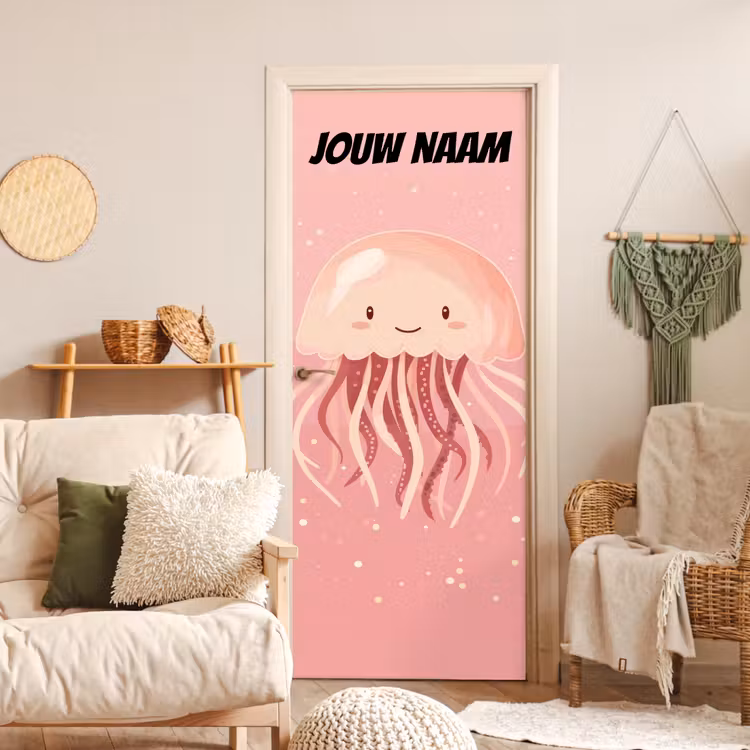 Schattige kwal in roze tinten met de tekst “Deze kamer is van: jouw naam”. deurposter klein -sfeer2