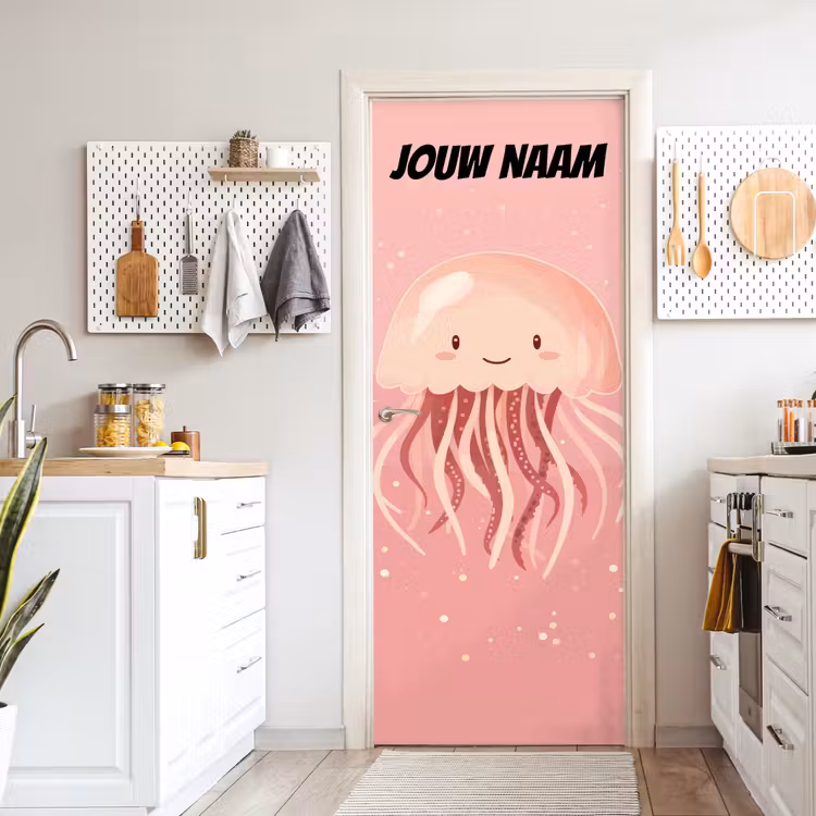 Schattige kwal in roze tinten met de tekst “Deze kamer is van: jouw naam”. deurposter klein -sfeer5