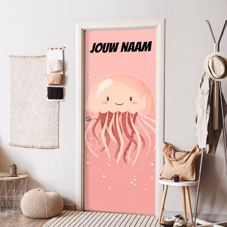 Schattige kwal in roze tinten met de tekst “Deze kamer is van: jouw naam”. deurposter klein -sfeer6