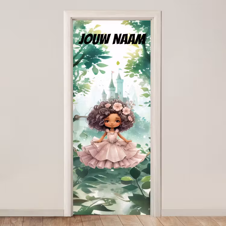 Sprookjesachtig meisje in jurk met bloemen en de tekst “Deze kamer is van: jouw naam”. deurposter klein -3d_beige