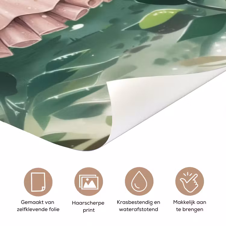 Sprookjesachtig meisje in jurk met bloemen en de tekst “Deze kamer is van: jouw naam”. deurposter klein -closeup_NL