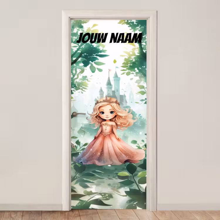 Sprookjesachtig prinsesje met kroon en de tekst “Deze kamer is van: jouw naam”. deurposter klein -3d_beige