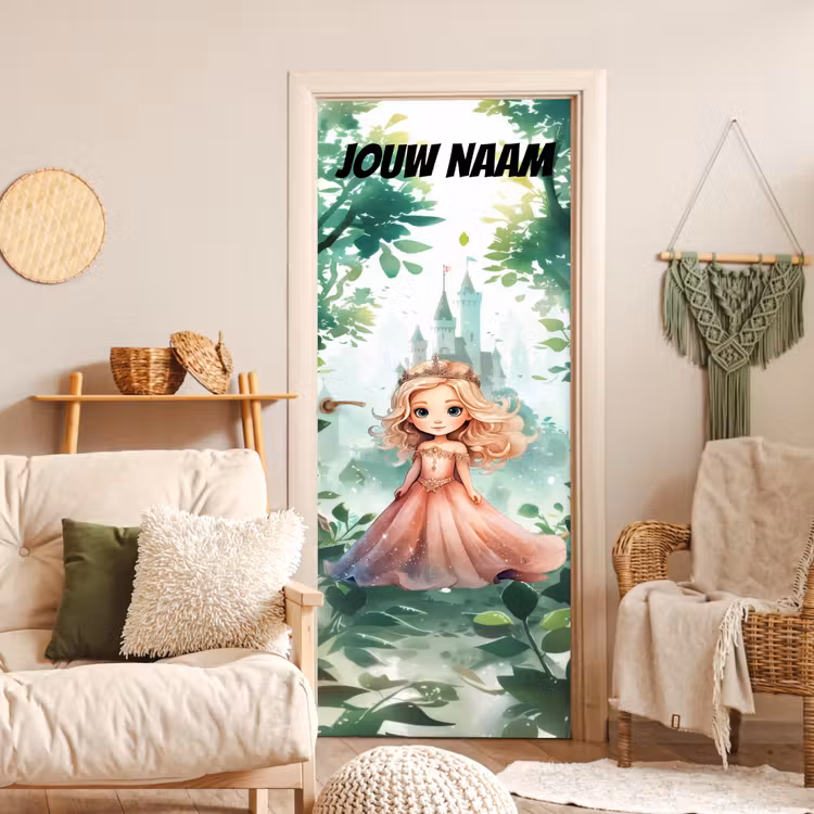 Sprookjesachtig prinsesje met kroon en de tekst “Deze kamer is van: jouw naam”. deurposter klein -sfeer2