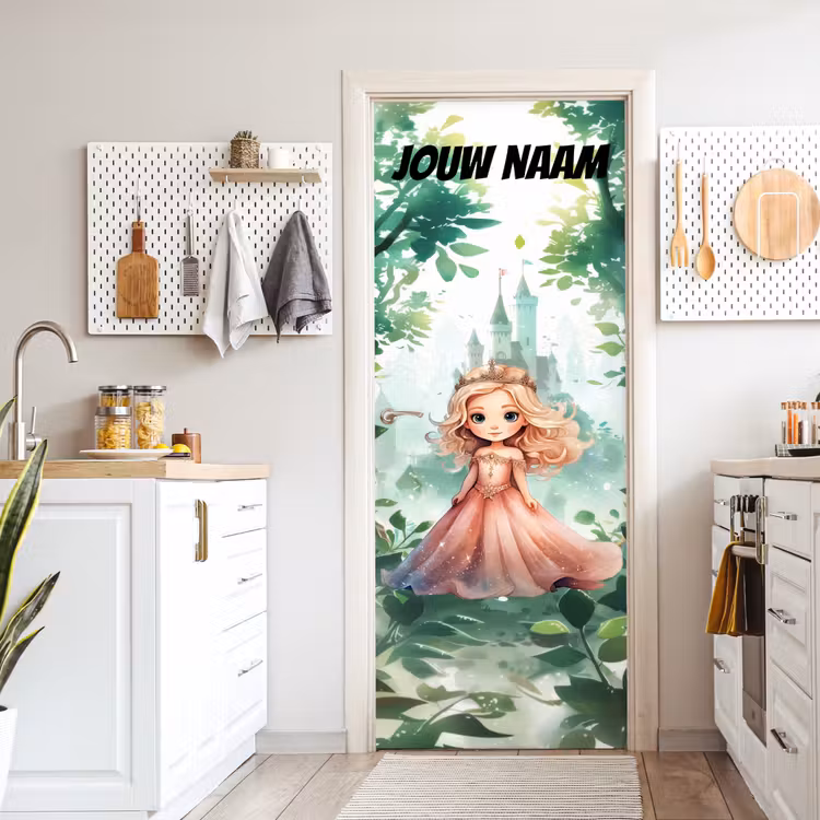 Sprookjesachtig prinsesje met kroon en de tekst “Deze kamer is van: jouw naam”. deurposter klein -sfeer5