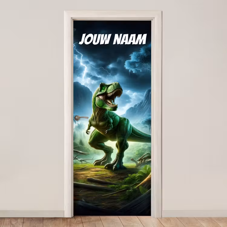 Stoere T-rex in jungle met bliksem en de tekst “Deze kamer is van: jouw naam”. deurposter klein -3d_beige