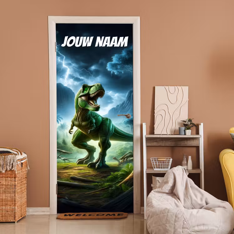 Stoere T-rex in jungle met bliksem en de tekst “Deze kamer is van: jouw naam”. deurposter klein -sfeer1