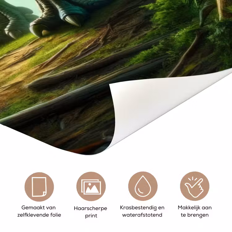 Stoere T-rex in jungle met bliksem en de tekst “Deze kamer is van: jouw naam”. deurposter klein -closeup_NL