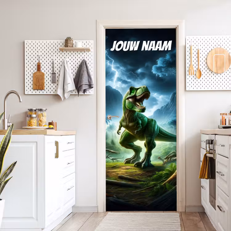 Stoere T-rex in jungle met bliksem en de tekst “Deze kamer is van: jouw naam”. deurposter klein -sfeer5