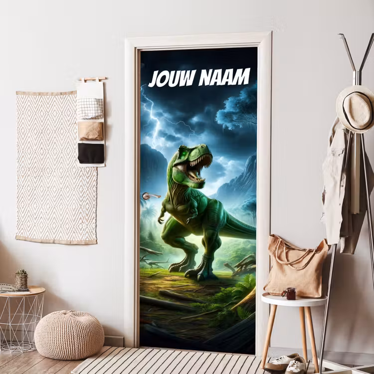 Stoere T-rex in jungle met bliksem en de tekst “Deze kamer is van: jouw naam”. deurposter klein -sfeer6