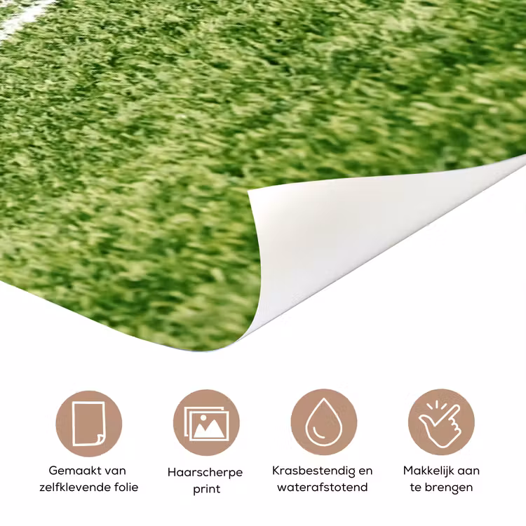 Voetbal op grasveld in een stadion met verlichting en personaliseerbare tekst bovenaan. deurposter klein -closeup_NL