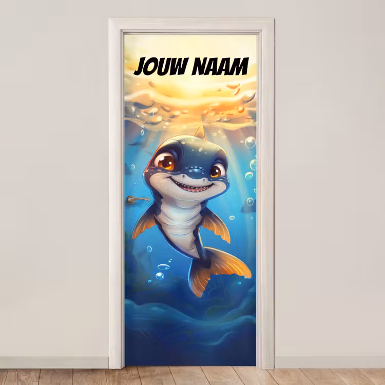 Vrolijke dolfijn onder water met de tekst “Deze kamer is van: jouw naam”. deurposter klein -3d_beige