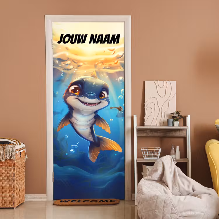 Vrolijke dolfijn onder water met de tekst “Deze kamer is van: jouw naam”. deurposter klein -sfeer1