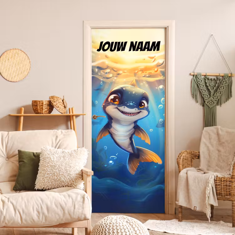 Vrolijke dolfijn onder water met de tekst “Deze kamer is van: jouw naam”. deurposter klein -sfeer2